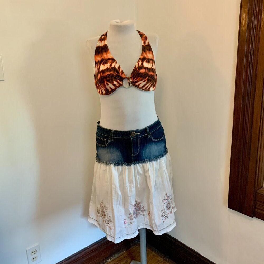 VTG YMI Lace Ruffle Denim Midi Skirt y2k 2000s 90s Western Mixed Peasant Cotton - Picture 6 of 16